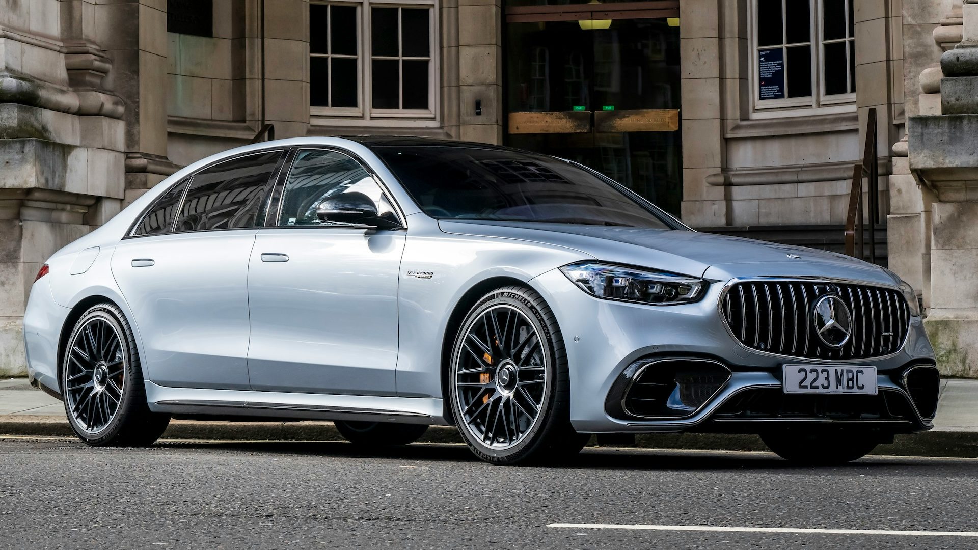 2025 Mercedes-AMG S63 E-Performance, RHD, silver, front three quarter view static