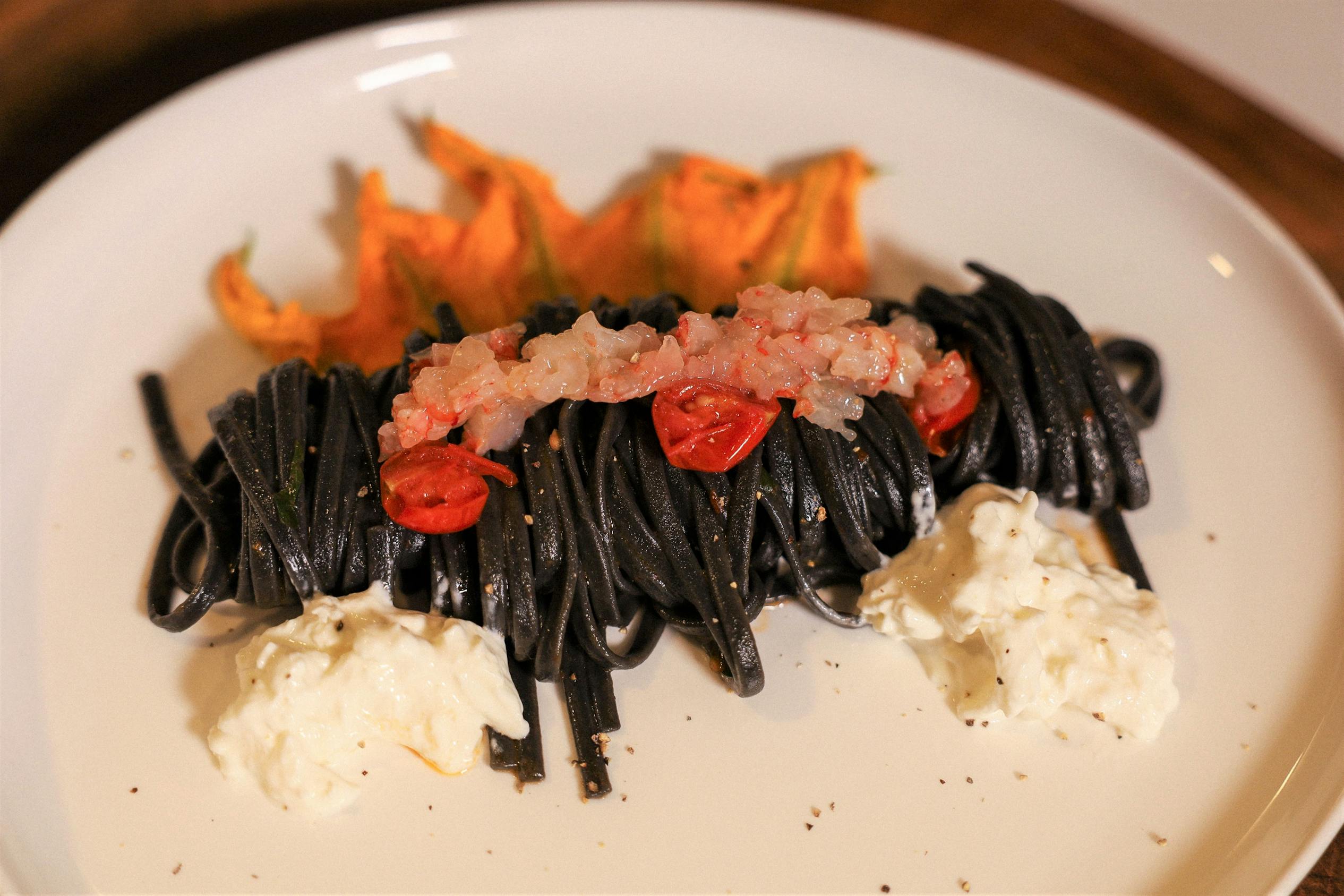 Black Ink Linguine with Carpaccio, Burrata & Zucchini Flowers