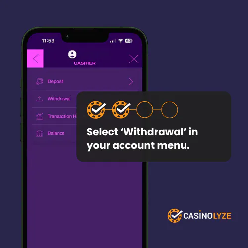 Selecting withdrawal in the Lucky Pants Bingo account menu