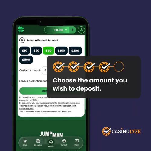 Selecting a deposit amount at Clover Casino