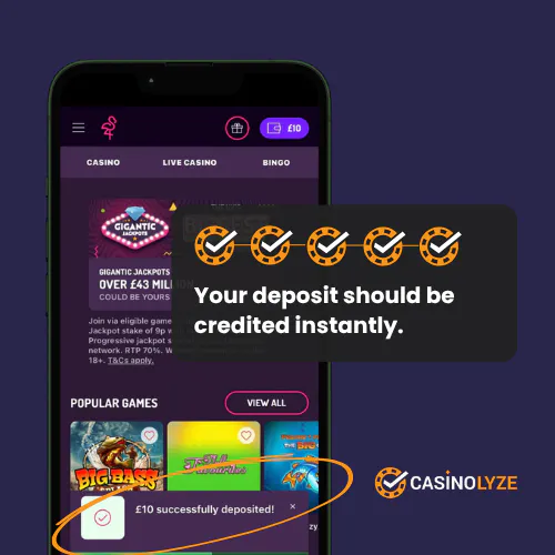 Successful Pink Casino deposit confirmation