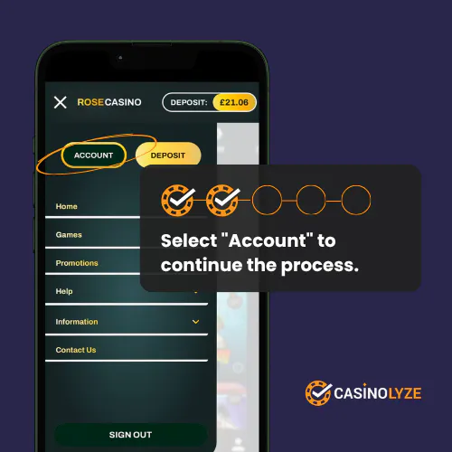 Selecting Account to continue the Rose Casino withdrawal process