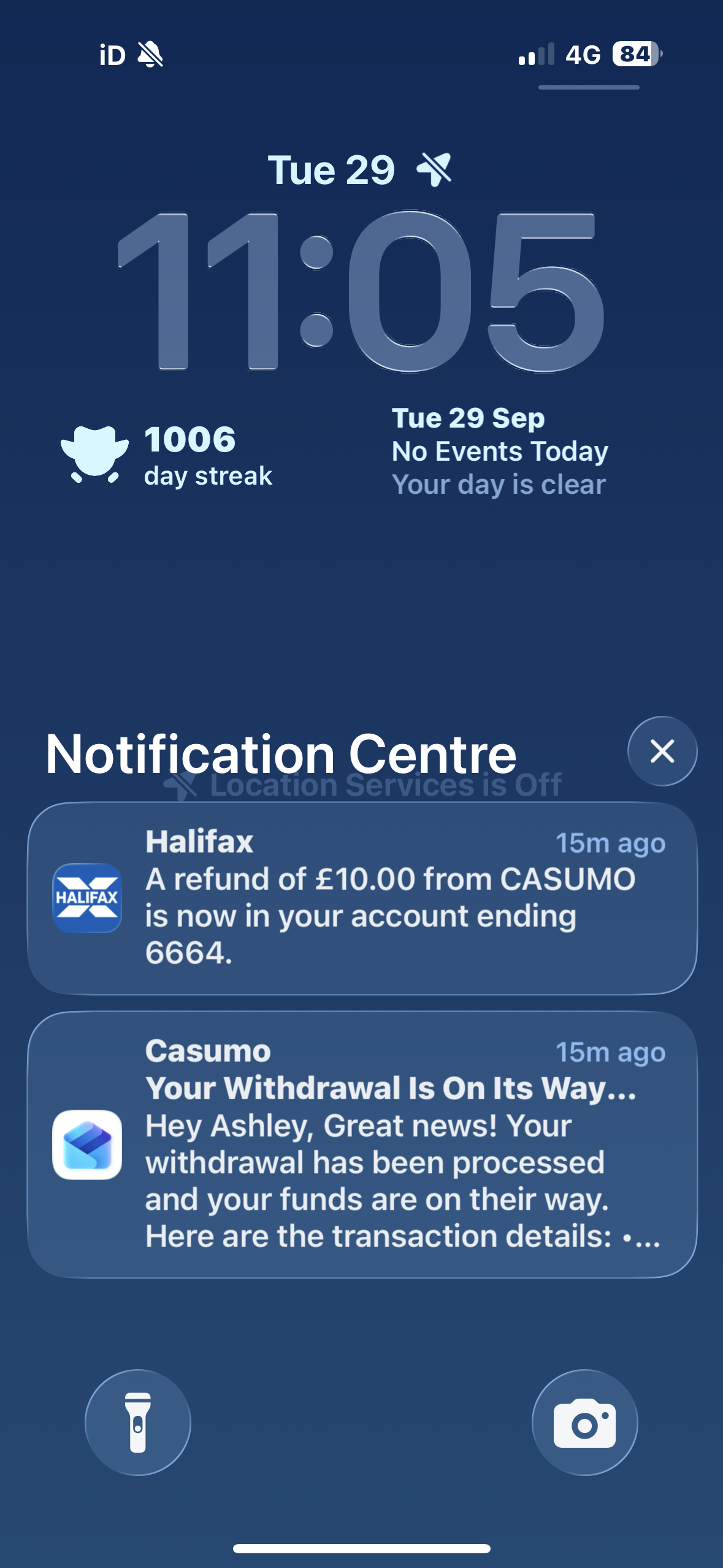 Bank notification showing a completed Casumo Visa withdrawal