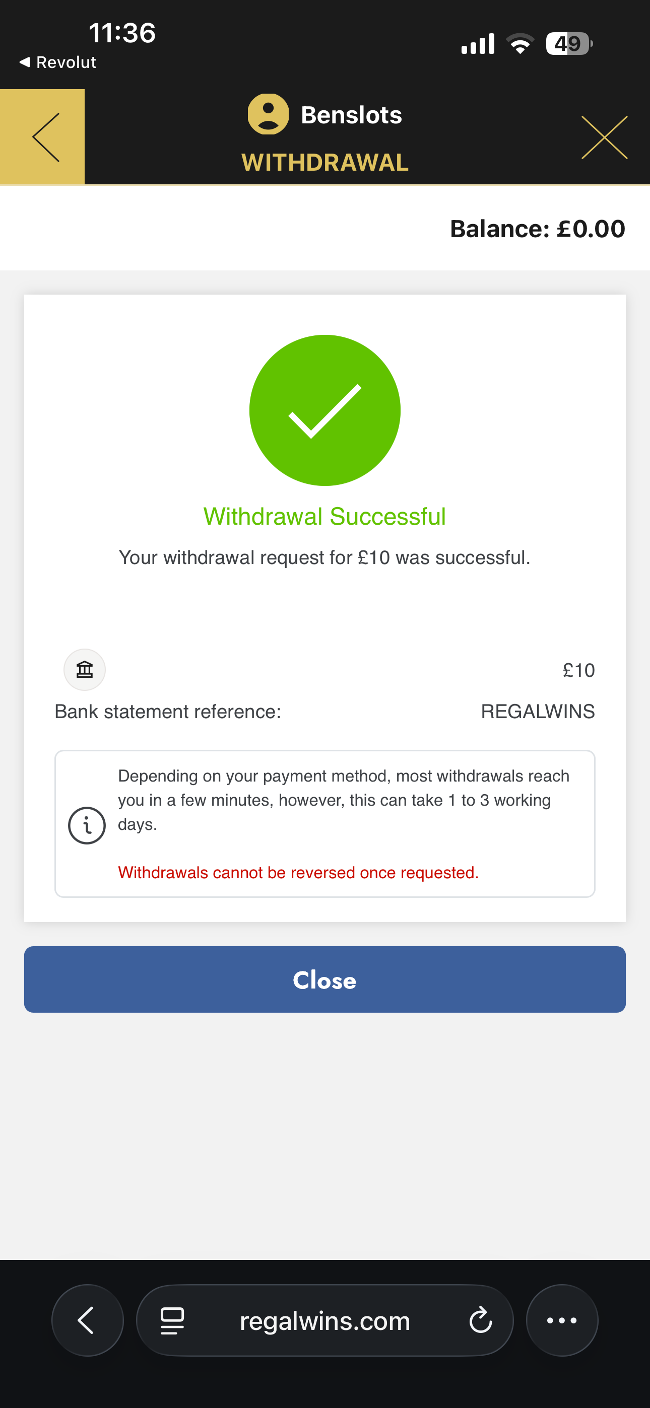 Regal Wins Withdrawal Bank Transfer
