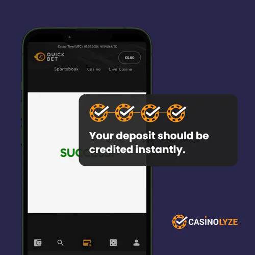 Successful deposit confirmation screen at QuickBet