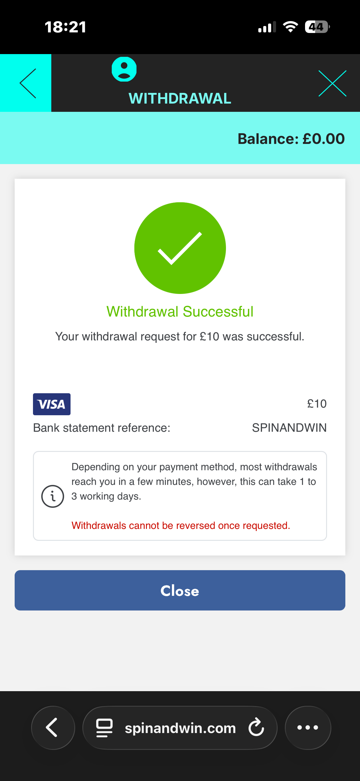 Visa withdrawal test request time at Spin and Win