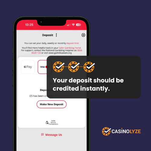 Successful deposit confirmation screen at Heart Bingo