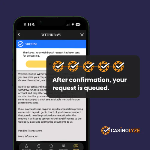 Successful withdrawal request confirmation at 44Aces