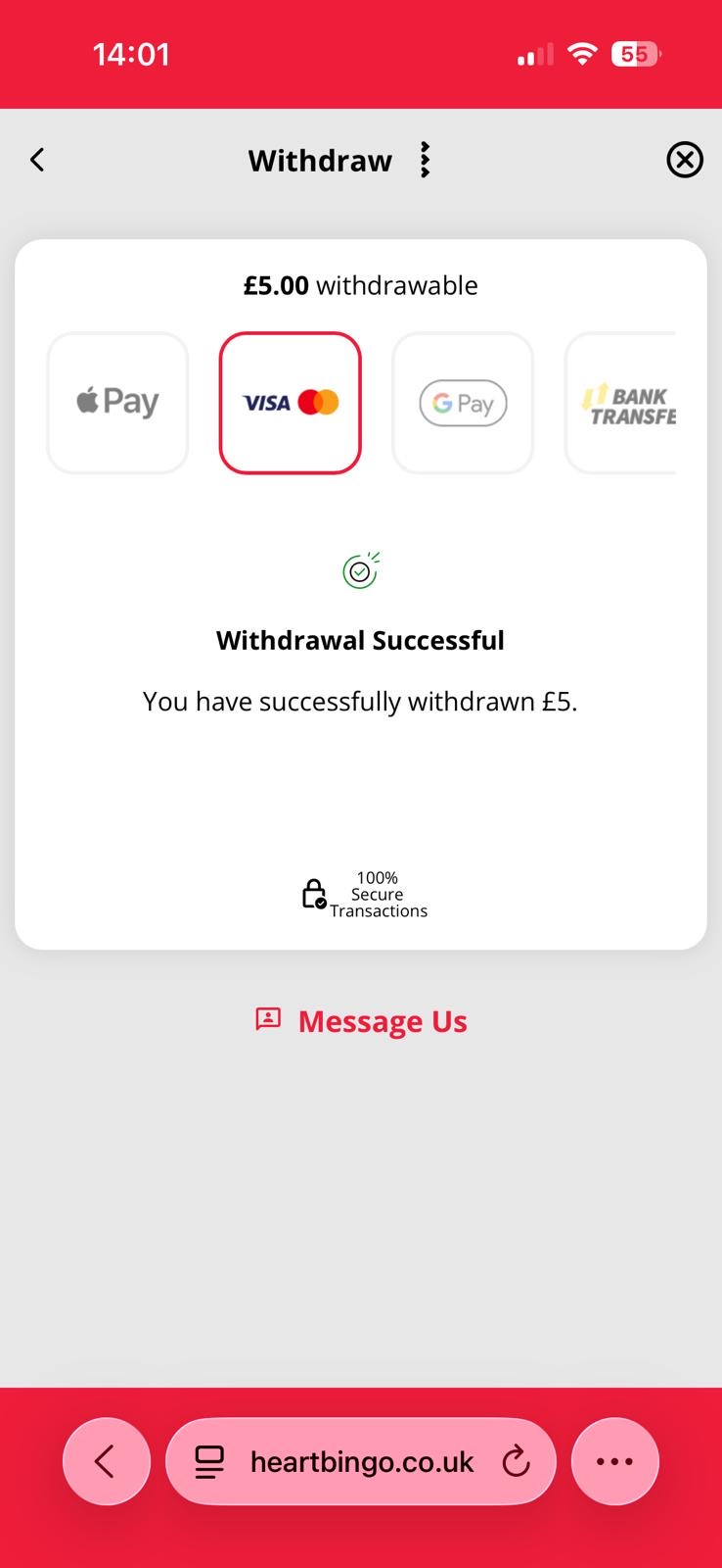 Heart Bingo Visa withdrawal test request time