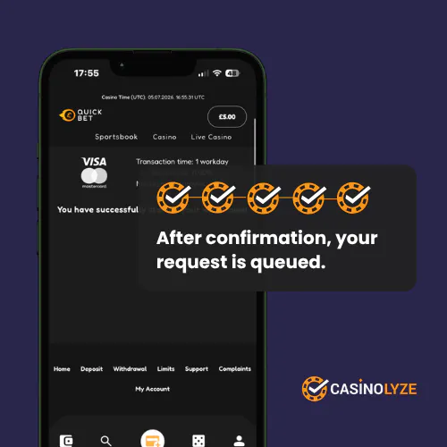 Succesfull withdrawal request confirmation screen at Quickbet