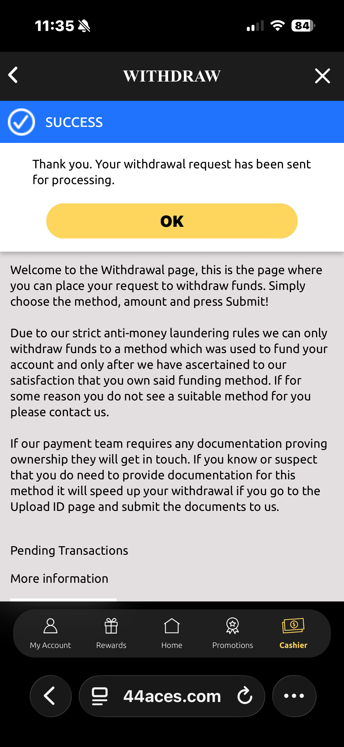44aces Visa withdrawal test request time