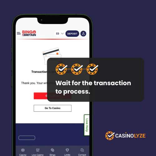 Successful withdrawal confirmation screen at Bingo Britain