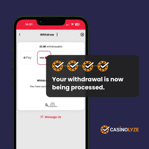 Successful withdrawal request confirmation screen at Heart Bingo