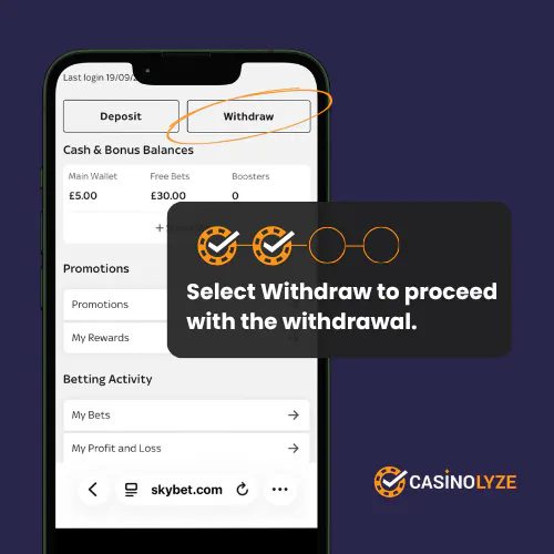 Selecting Withdraw to proceed with the Sky Bet withdrawal