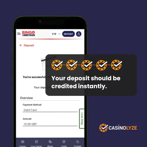 Successful deposit confirmation screen at Bingo Britain