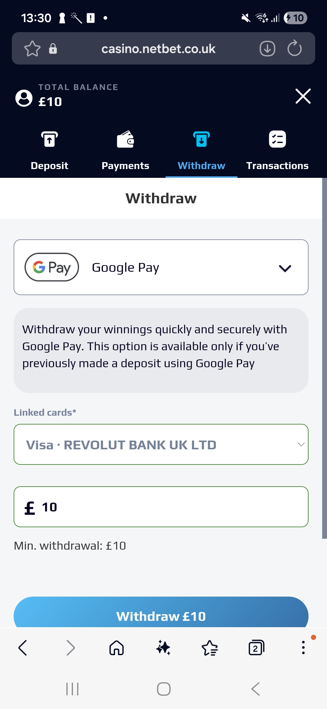 Google Pay withdrawal test request at Netbet