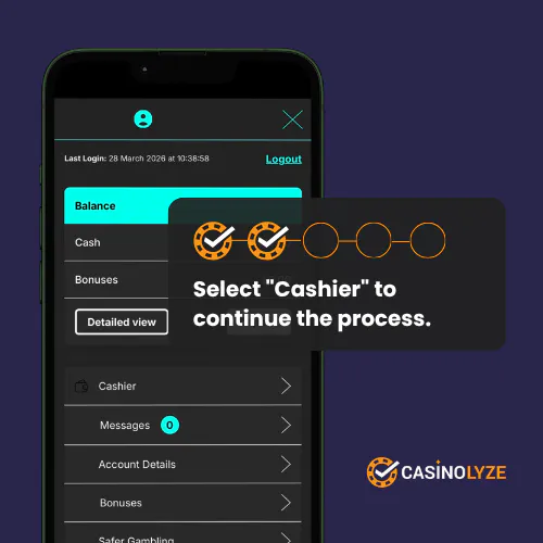 Selecting Cashier to continue the withdrawal process at Spin and Win