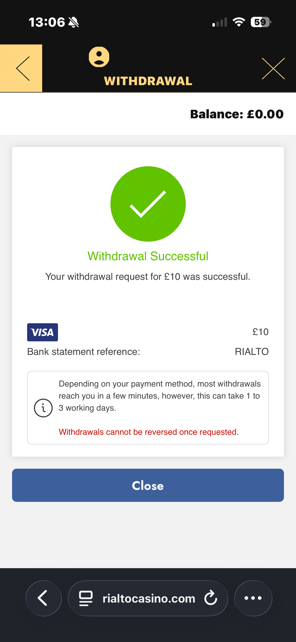 Rialto Casino Visa withdrawal test request time