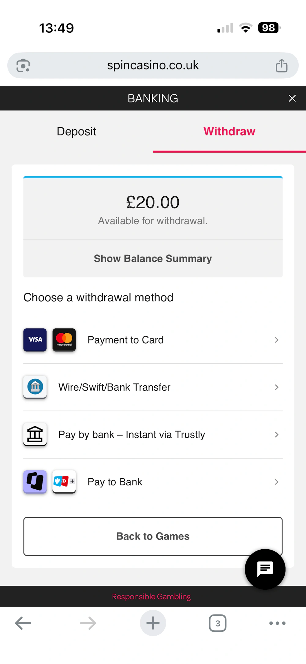 Spin Casino withdrawal methods