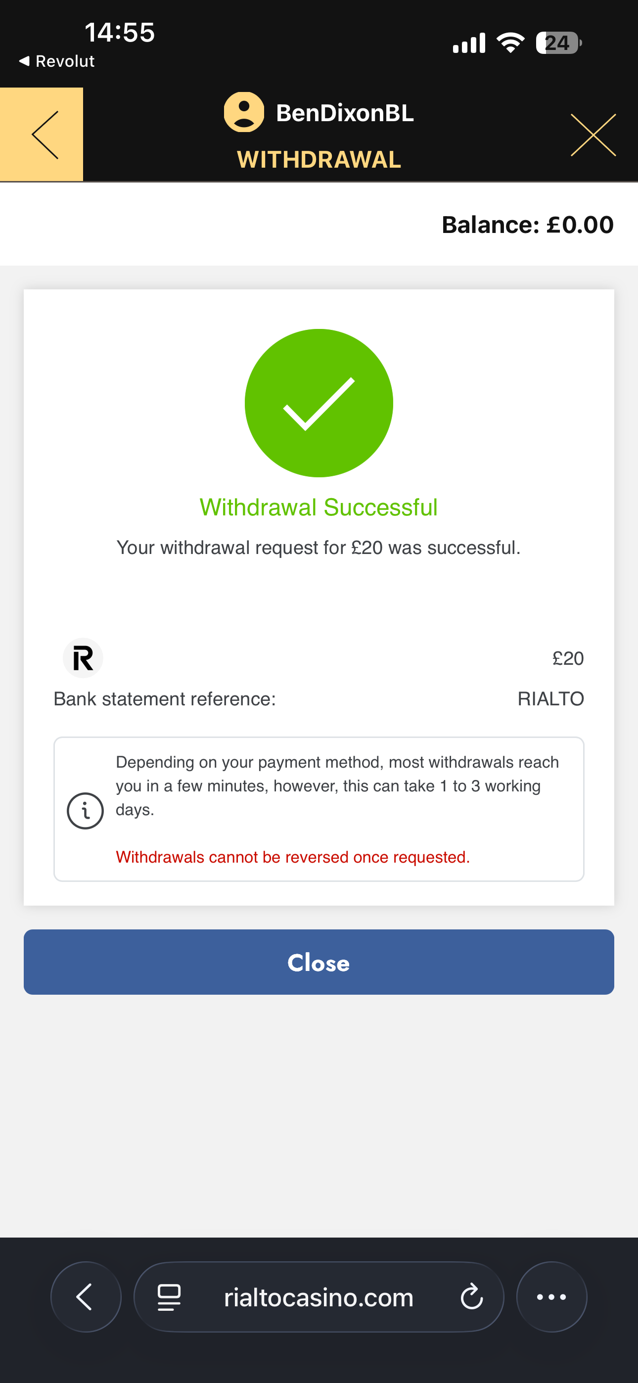 Rialto Casino Bank Transfer withdrawal test request time