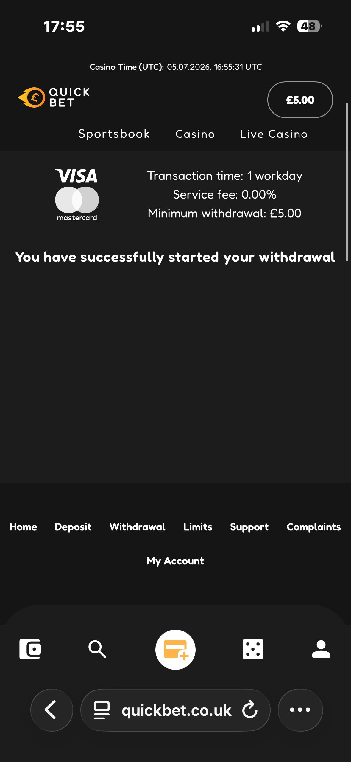 Visa withdrawal test request time at Quick Bet