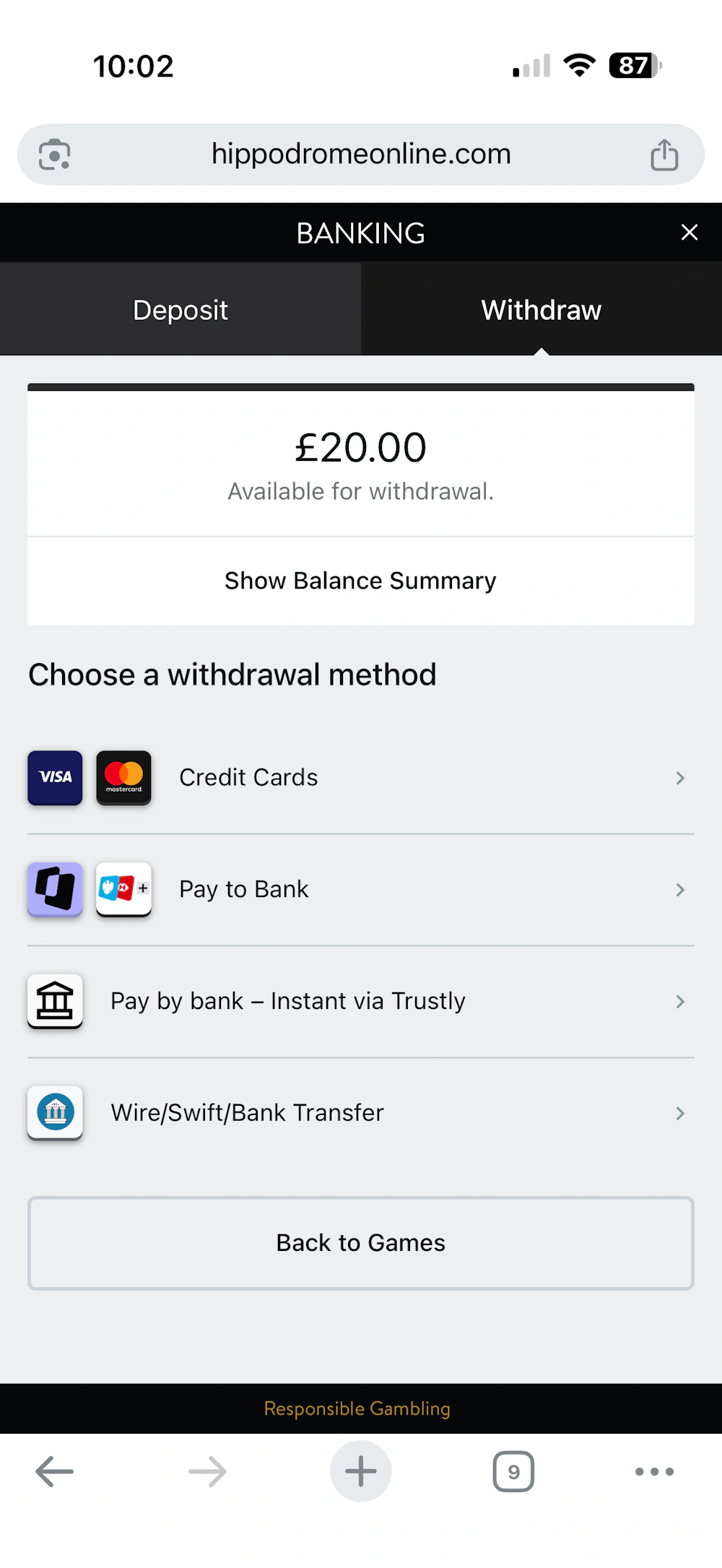 Withdrawal screen at Hippodrome online casino
