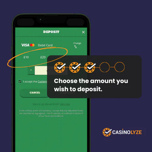 Selecting a deposit amount at O'Reels casino