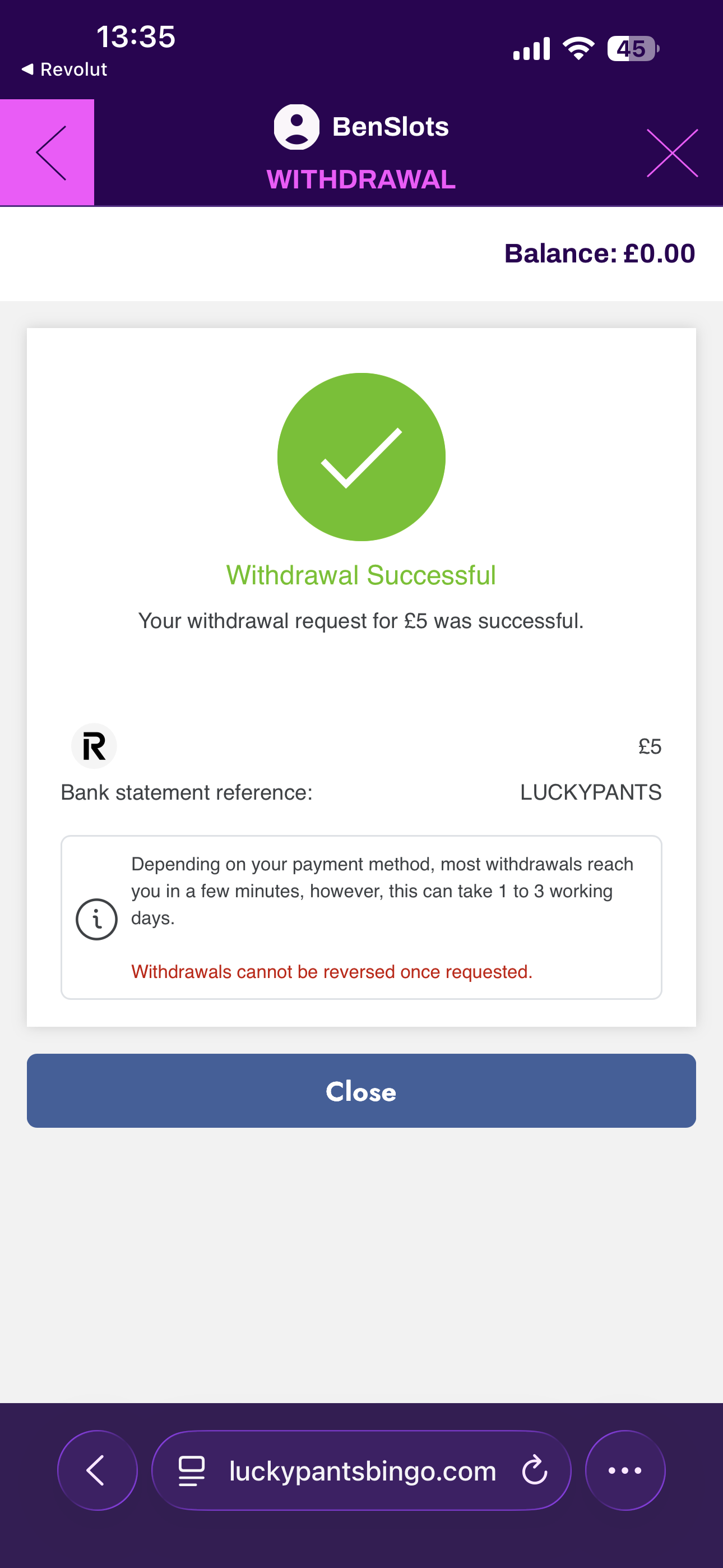 Lucky Pants Withdrawal Bank Transfer