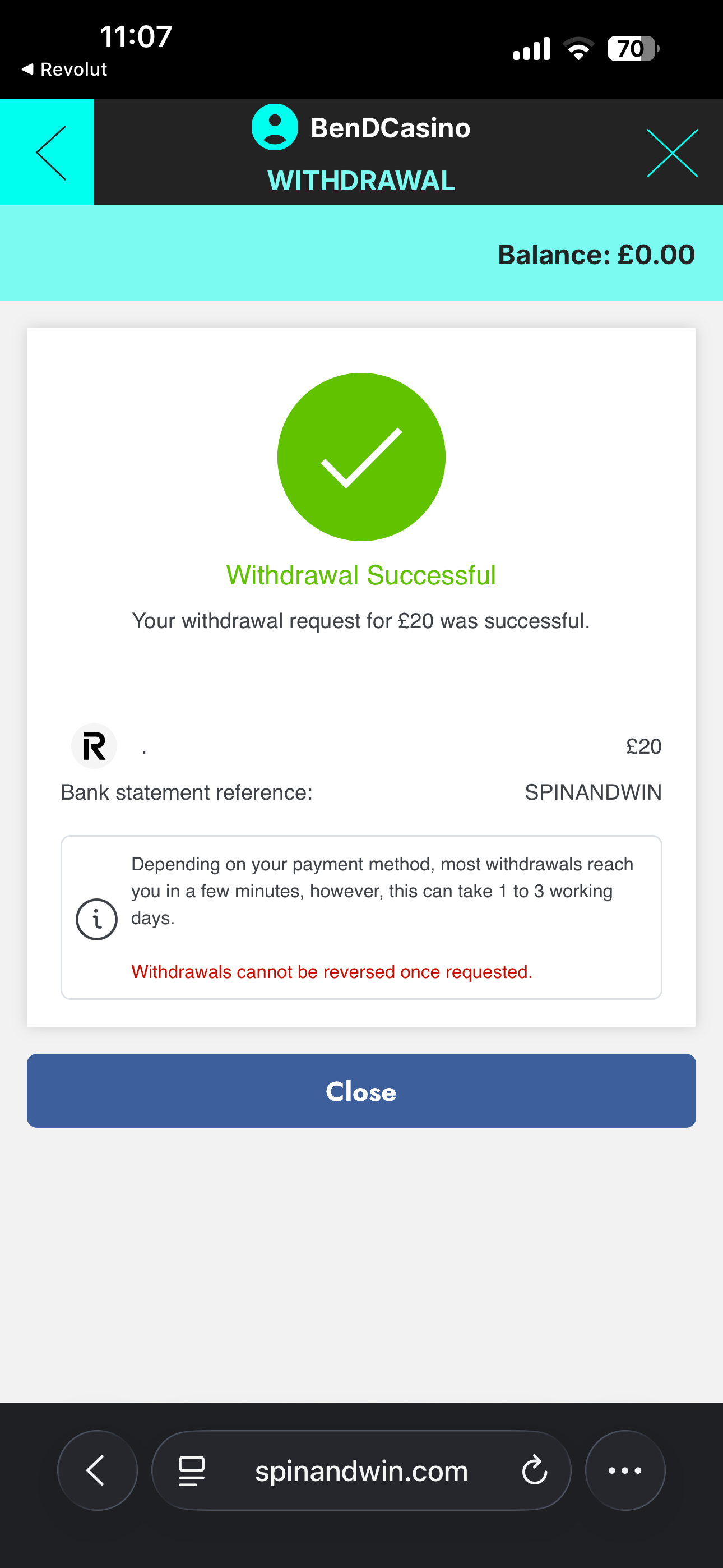 Spin and Win Bank transfer withdrawal test request