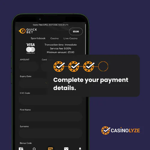 Completing deposit details at QuickBet