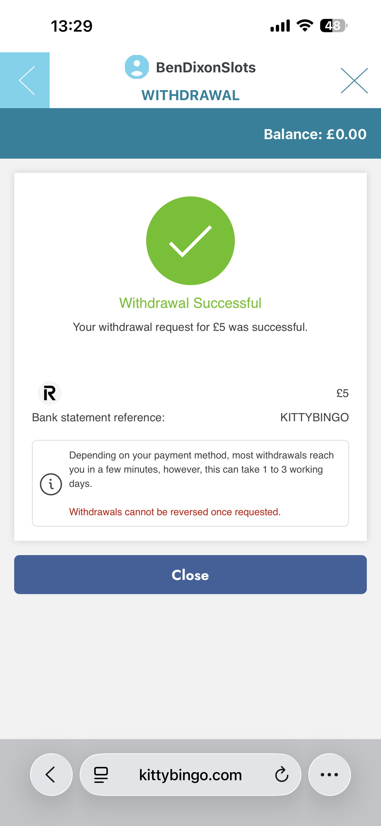 Kitty Bingo Withdrawal Bank Transfer