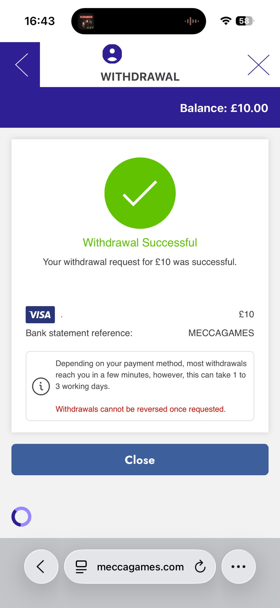 Mecca Games Visa withdrawal test request time