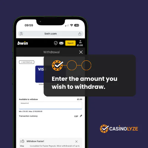 Entering the withdrawal amount at Bwin