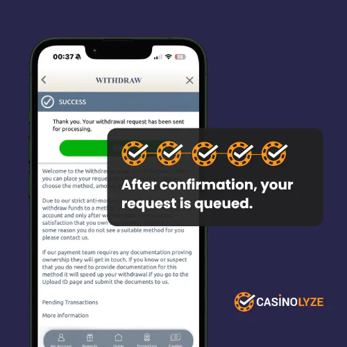 Succesfull withdrawal request confirmation at Prime Casino