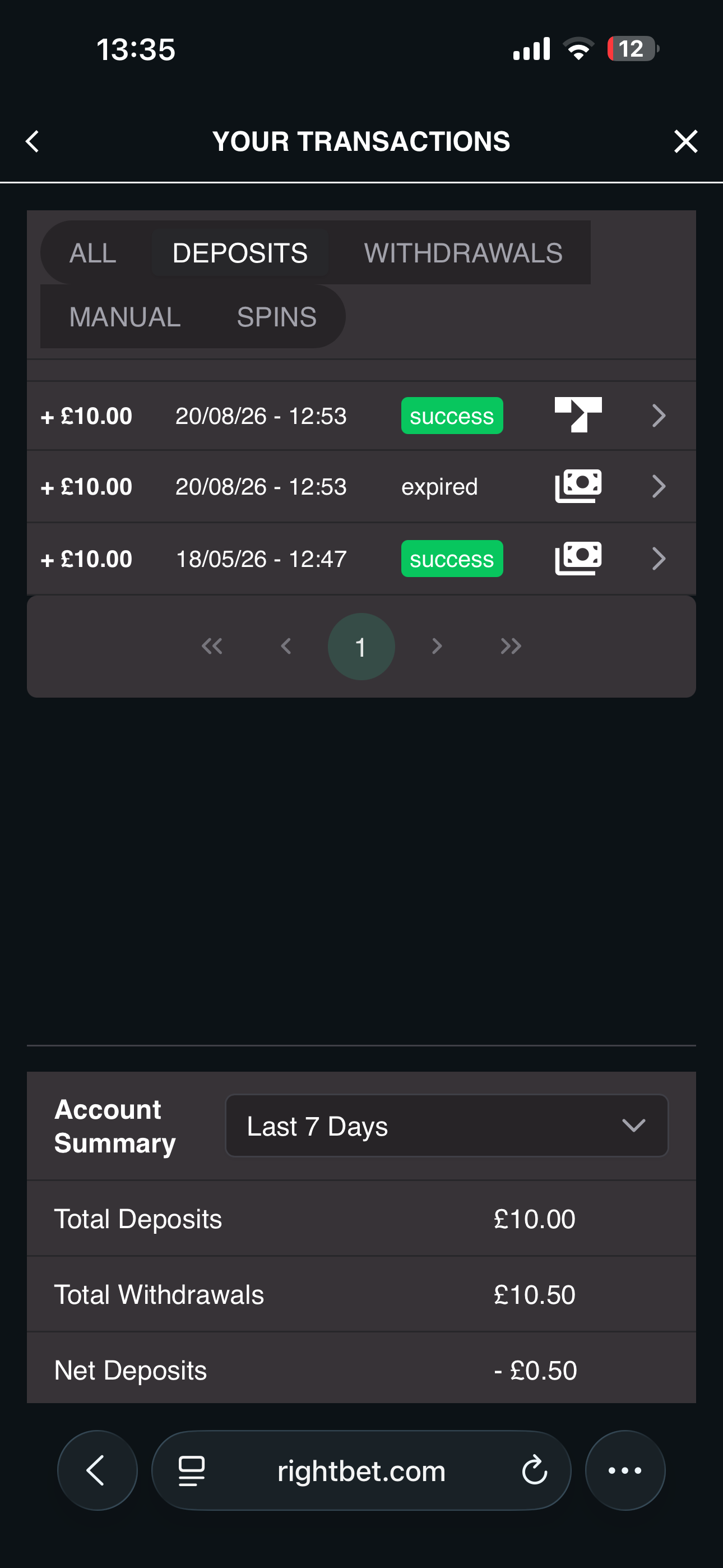 Rightbet withdrawal test request via Trustly