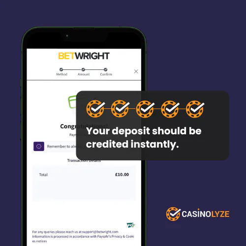 Successful BetWright deposit confirmation screen