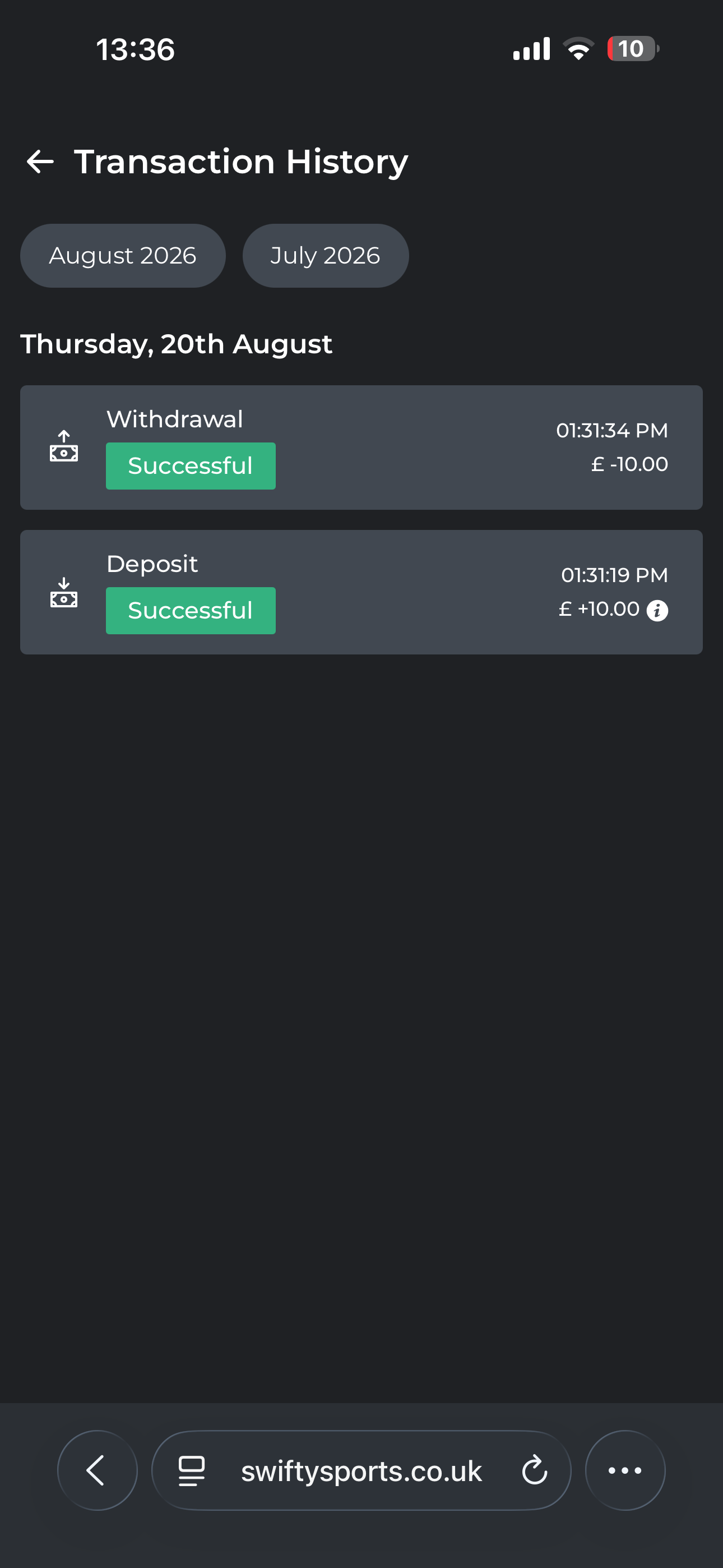 Swifty Sport bank transfer withdrawal test request