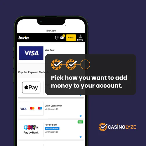 Choosing the deposit method and entering the details at Bwin