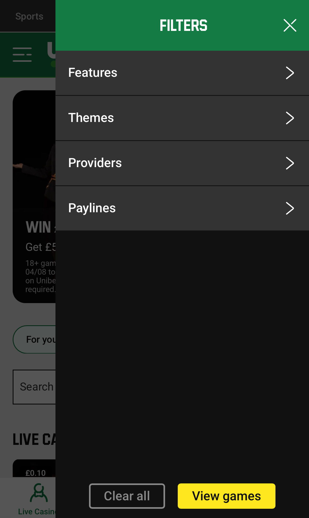 Unibet Casino Filters