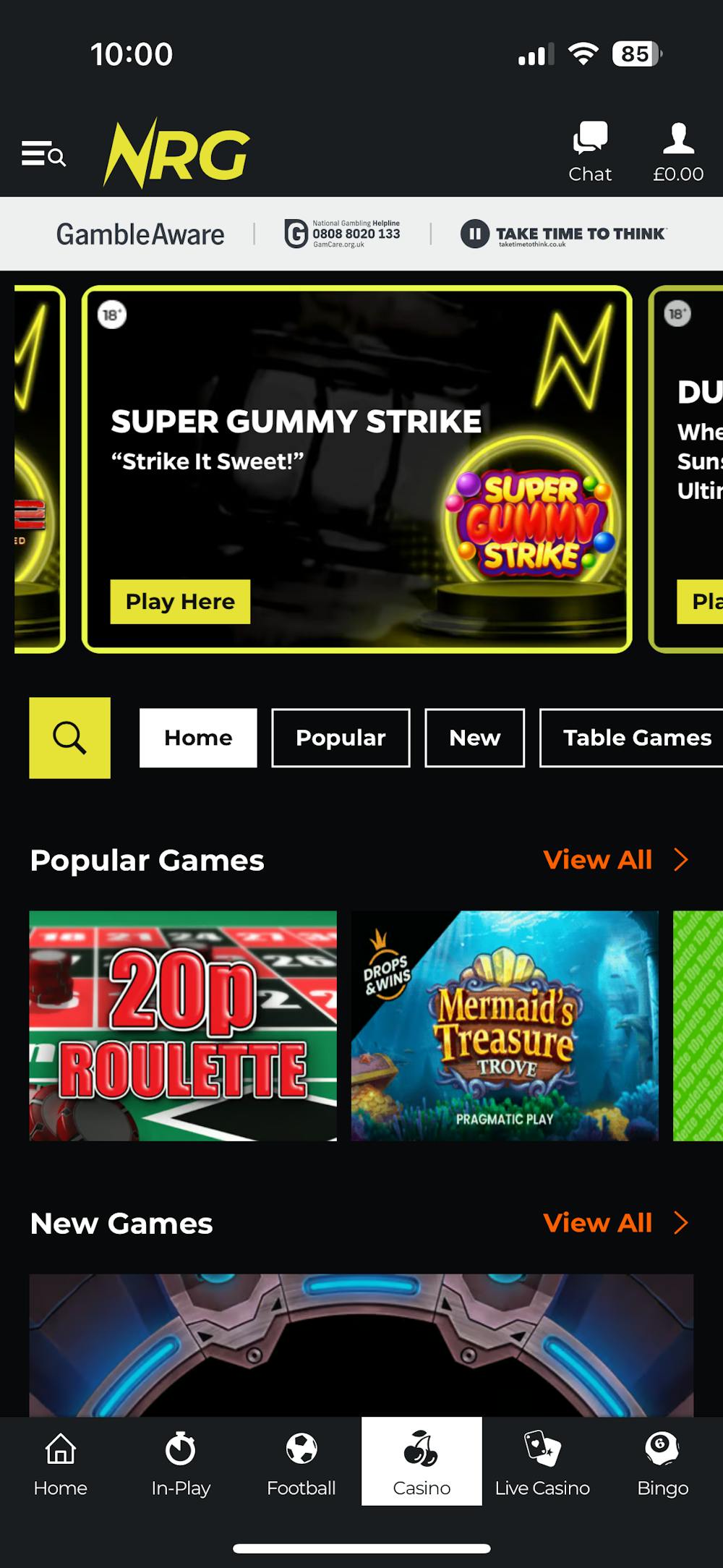 Screenshot of Nrg bet casino interface showing game selection