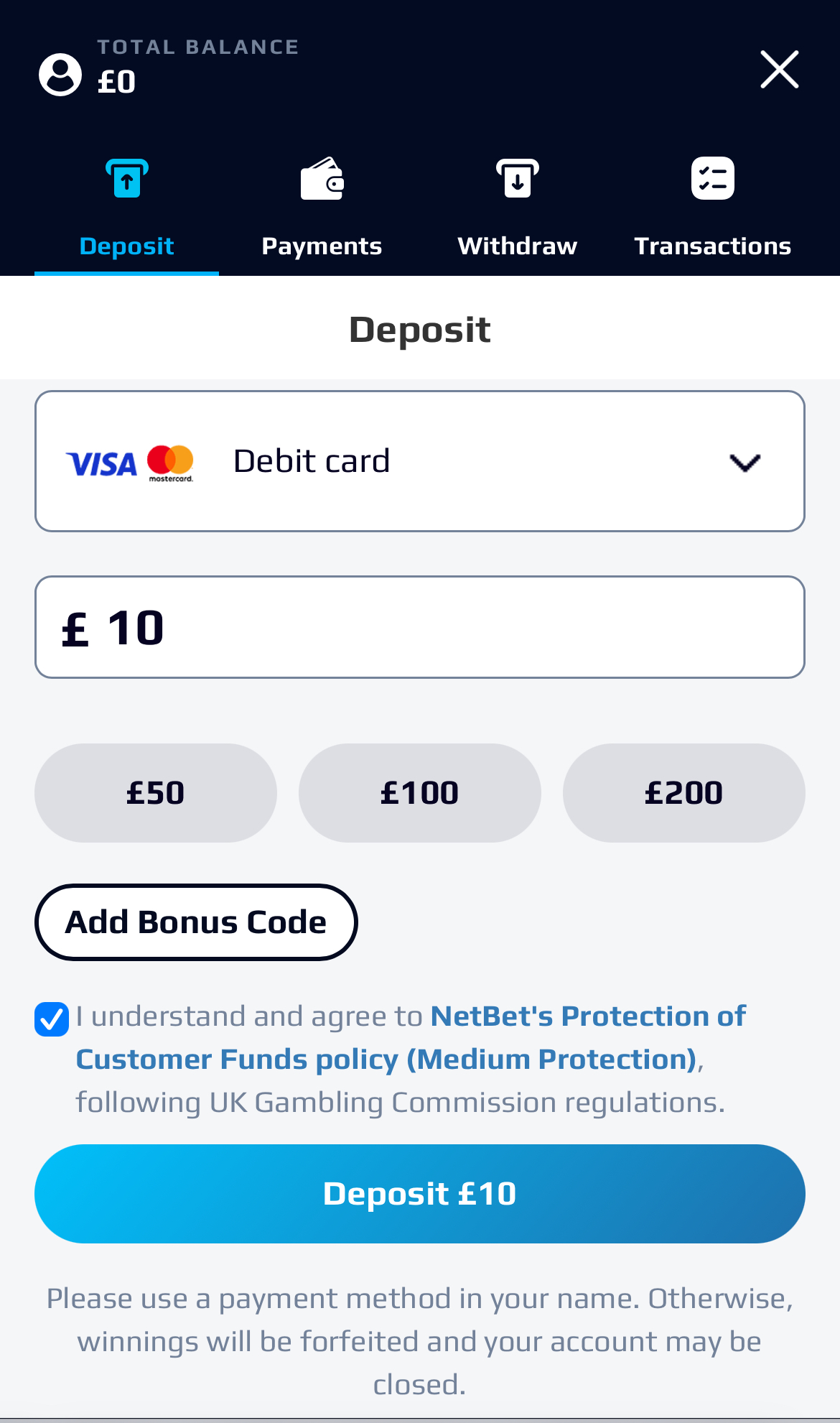 NetBet Deposit