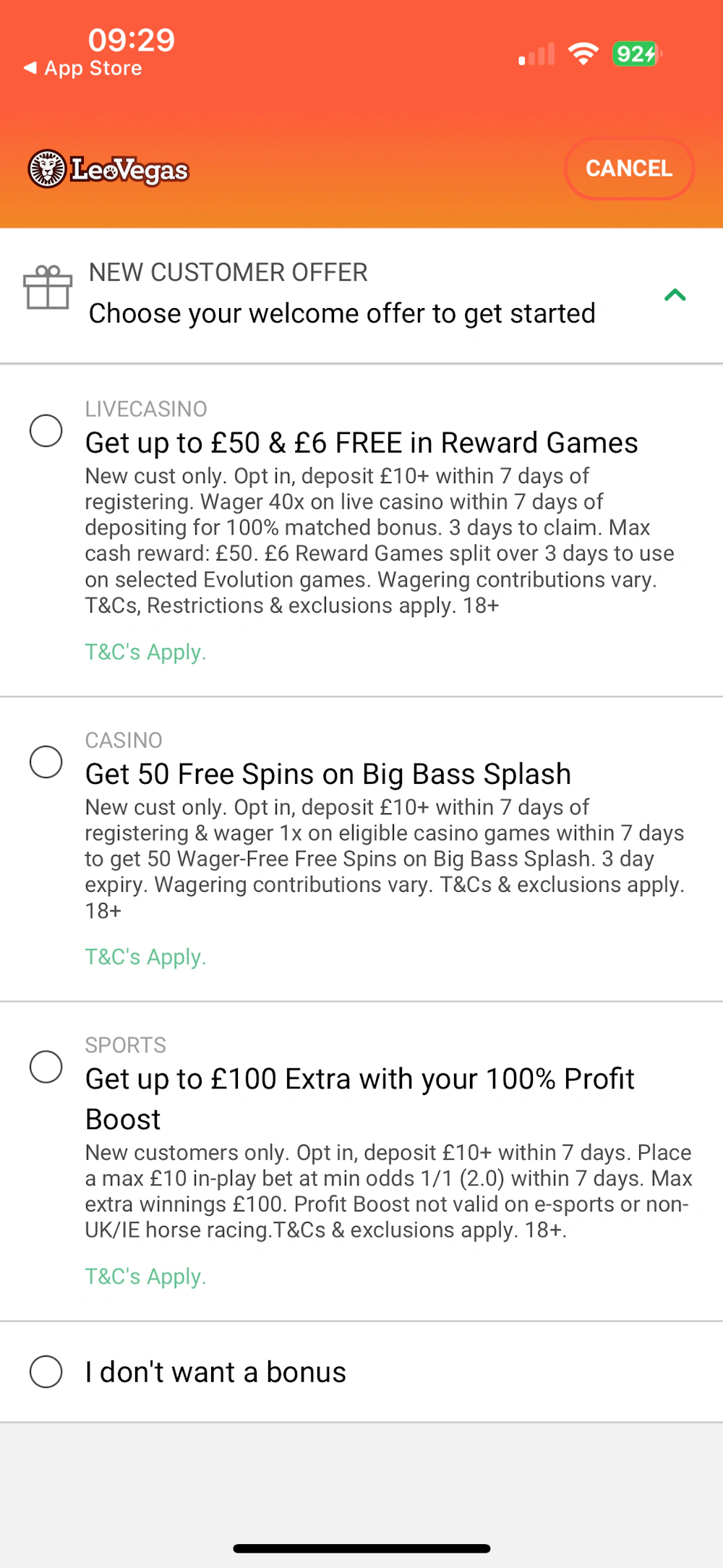 leovegas welcome offer selection