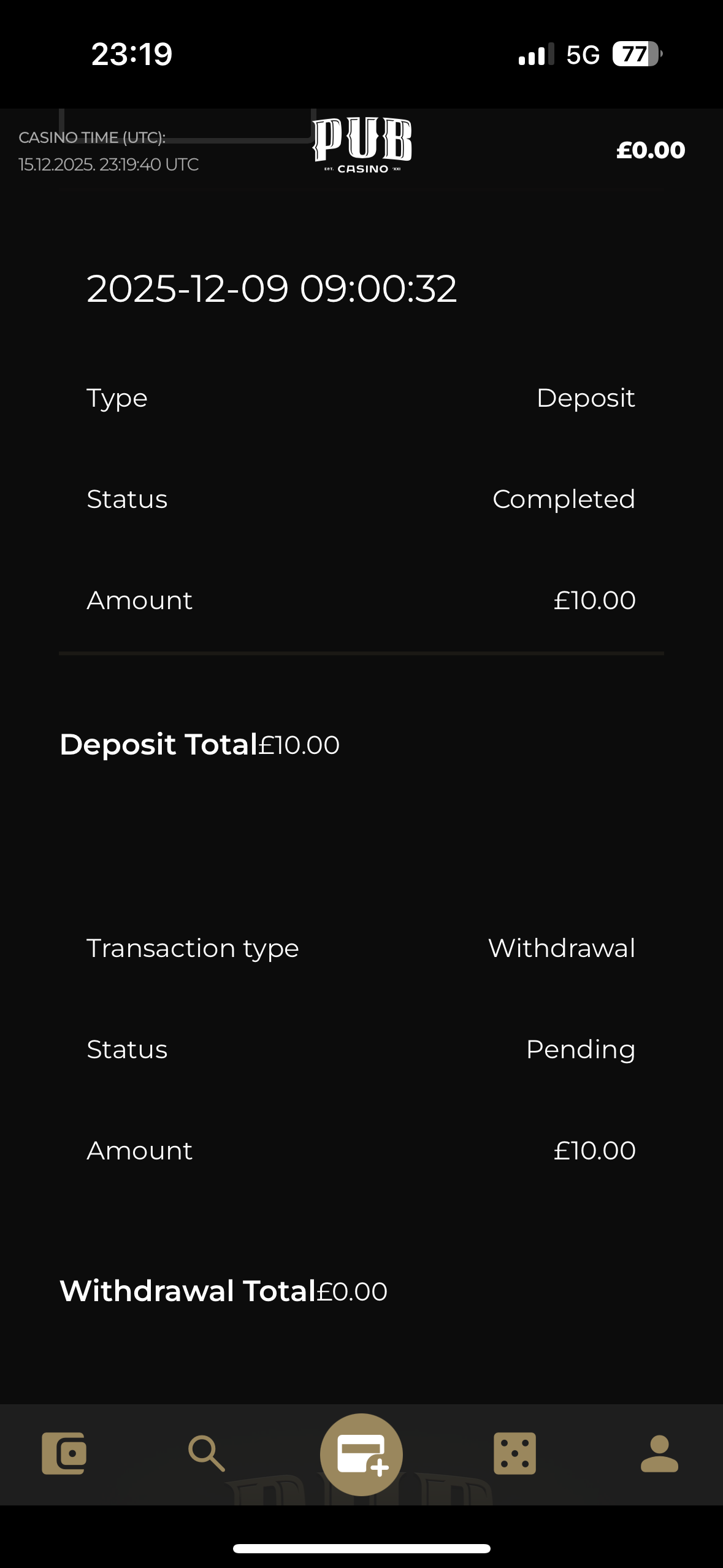 pub casino withdrawal test request with visa