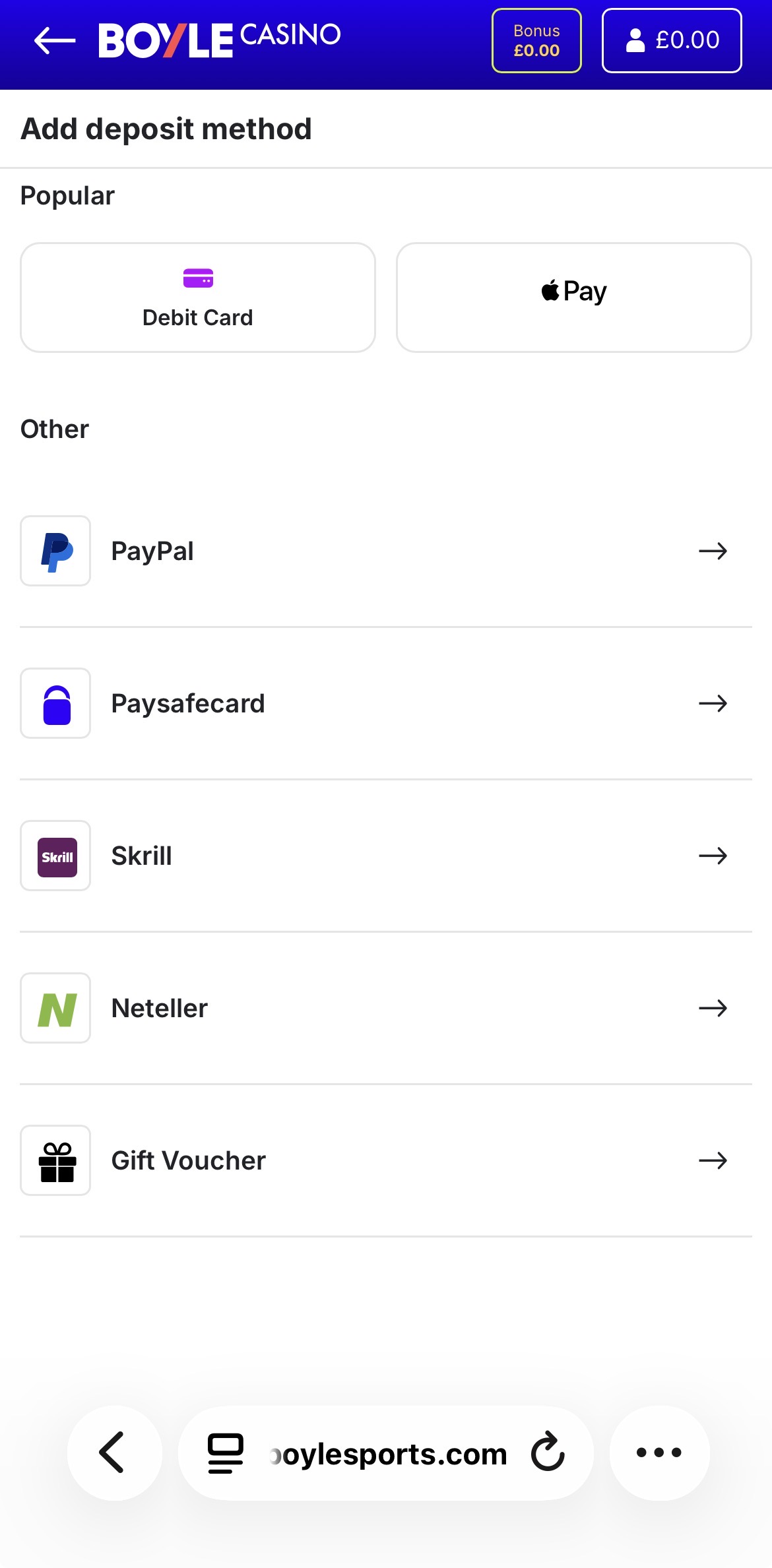 BOYLE Sports Deposit Options