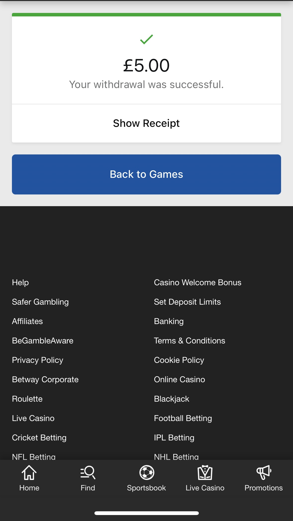 betway visa test withdrawal confirmation
