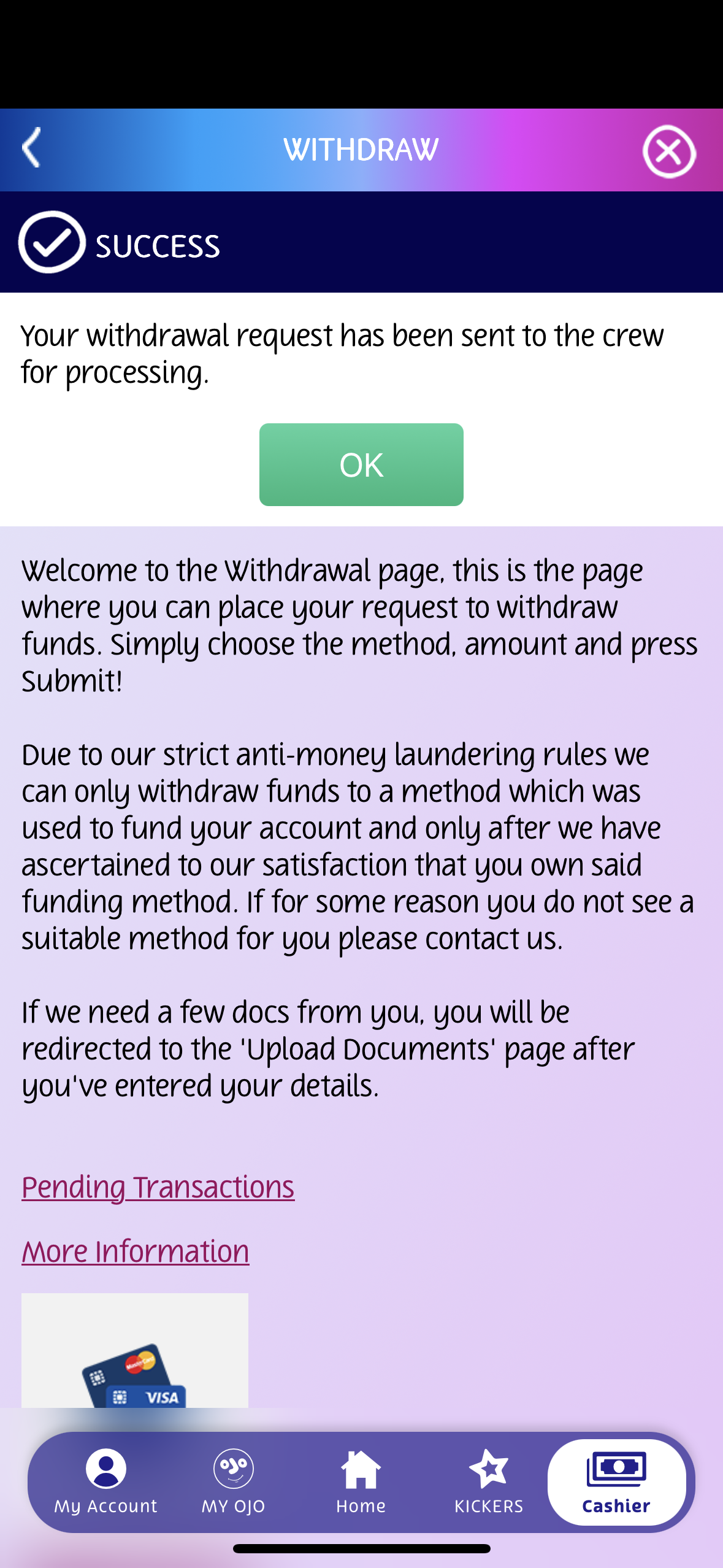 playojo visa withdrawal test request