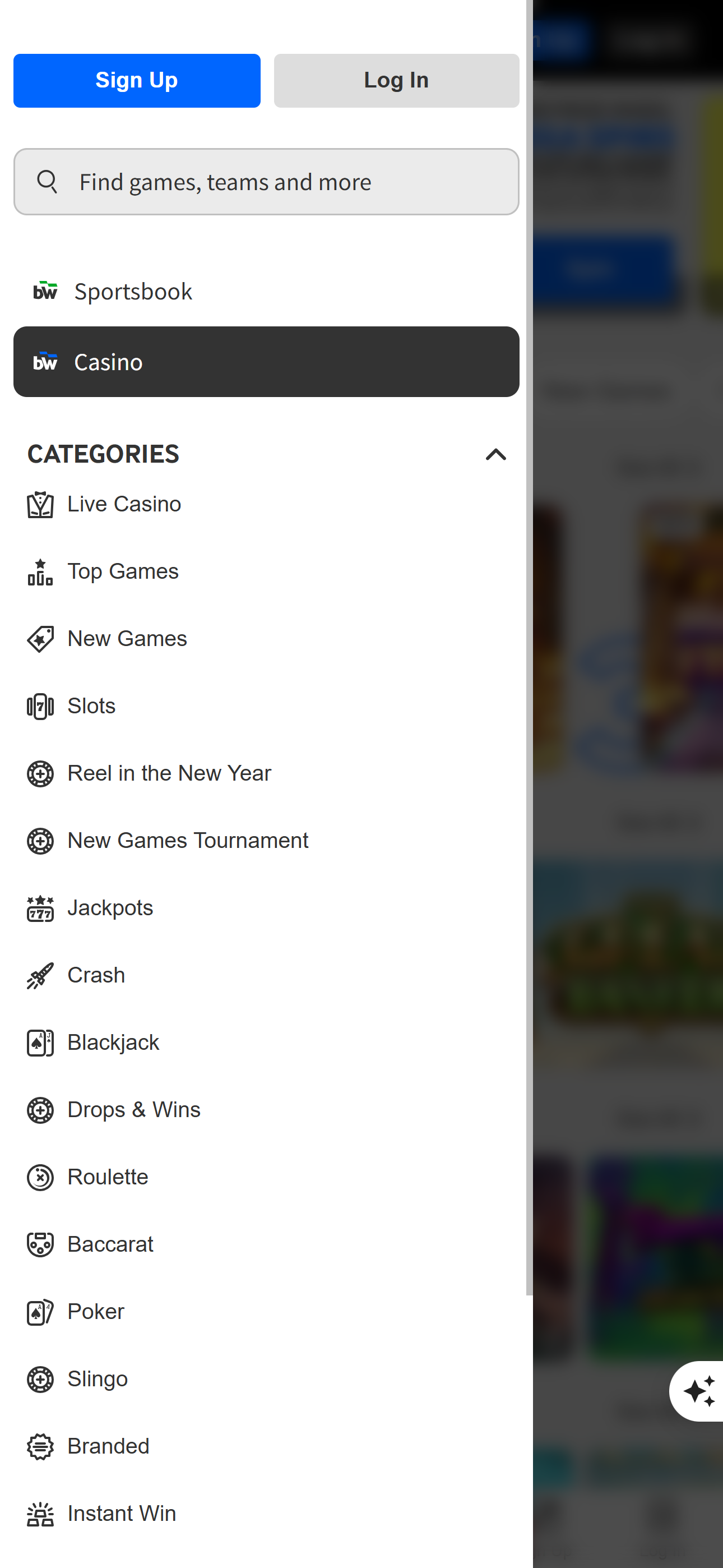 betway app casino menu