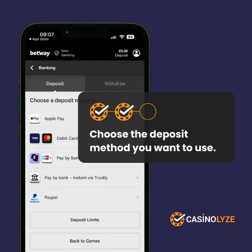 betway deposit process step 2