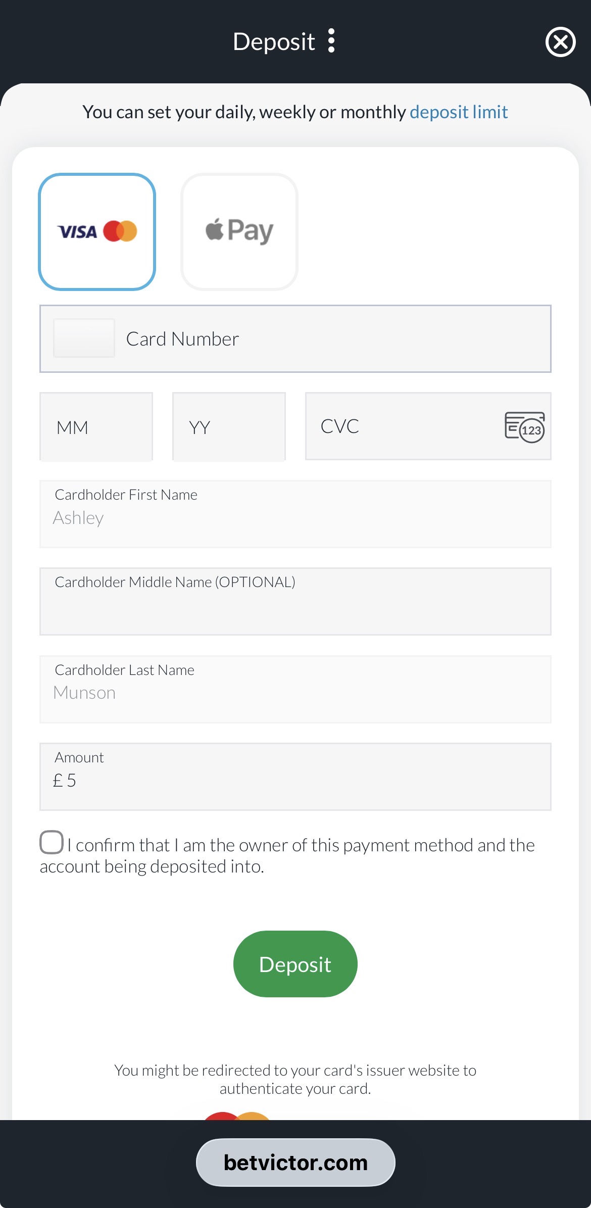 BetVictor Deposit