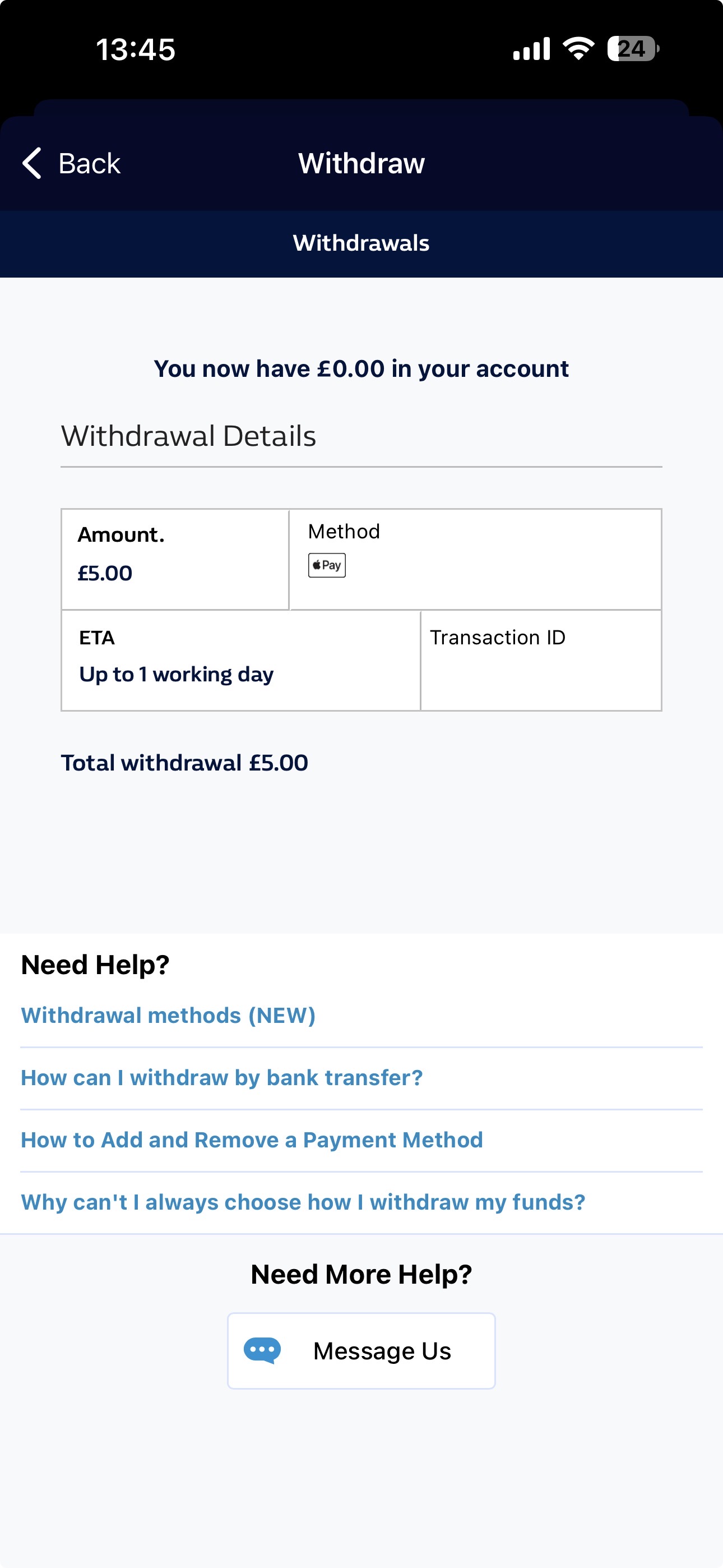 William Hill Withdraw Test Apple Pay 3/2